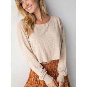 Natural Life Ellie Cropped Pullover Womens Small Sweater Beige Knit Dolman Boho